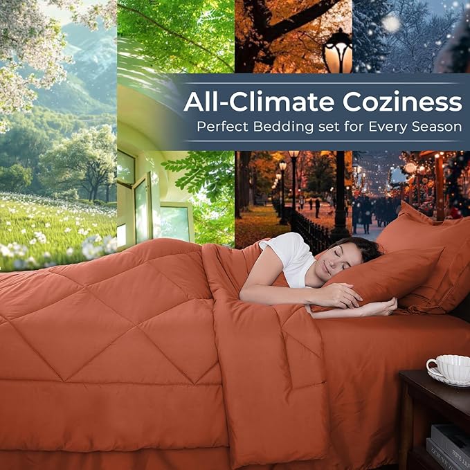 HEVUMYI Burnt Orange Queen Comforter Set - 7-Piece All Season Bed in a Bag Queen, Ultra Soft Bedding Set with Comforter, Flat Sheet, Fitted Sheet, Pillowcases, Pillow Shams