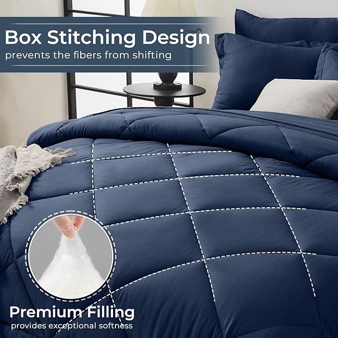 HEVUMYI Navy Blue Queen Comforter Set - 7-Piece All Season Bed in a Bag Queen, Ultra Soft Bedding Set with Comforter, Flat Sheet, Fitted Sheet, Pillowcases, Pillow Shams, Navy Blue