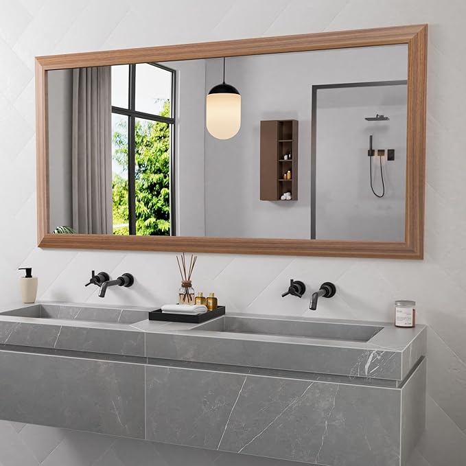 Amorho Bathroom Mirror, 60 X30 Inch Wall Mirror, Walnut Wood Grain Metal Framed, Anti-Rust, Hang Horizontally/Vertically, Suitable for Bedroom, Farmhouse, Bathroom, Decorative