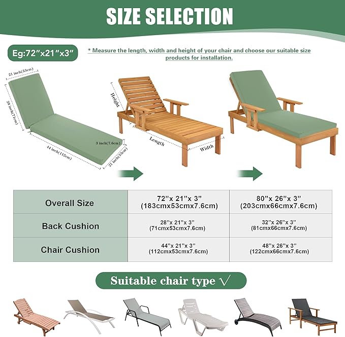 Chaise Lounge Cushions Outdoor - Waterproof and Fade Resistant Sun Lounger Replacement Cushions - Patio Lounger Pads with Removable Cover for Pool, Deck, Lawn, 72 x 21 x 3 Inch, Sage Green