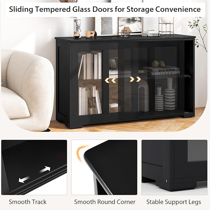Costzon Sideboard Buffet Cabinet of 2, Wooden Kitchen Storage Cabinet with Adjustable Shelf, Sliding Glass Doors, Accent Coffee Bar Cabinet Console Table for Living Room, Dining Room, Hallway