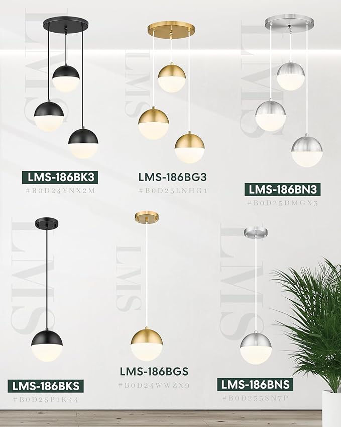 LMS Mid Century 3-Light Cluster Pendant Lights, Matte Black Kitchen Island Light Fixtures with White Globe Glass Shade, Adjustable Hanging Light for Home Office Bathroom Dining Room, LMS-186BK3