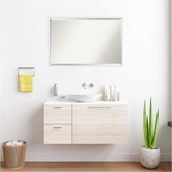 Amanti Art White Bathroom Mirror for Over Sink, 26x38 Incline White Rectangle Vanity Mirror, Large Modern Contemporary Wood Frame, Hangs Horizonally and Vertically, Bathroom Wall Decor, Beveled Edge