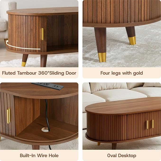 Mid-Century Fluted Oval Coffee Table with 360° Tambour Doors, Hidden Storage, Solid Wood Legs & 2 AC+2 USB Charging Station, Modern Coffee Table for Living Room, Apartment, Walnut