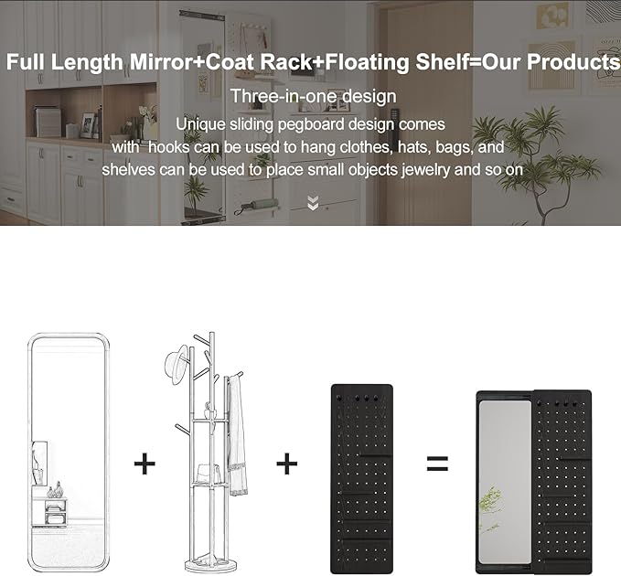 KungFuWood Full Length Mirror with Shelf and Hooks,Entry Way Mirrors for Wall,Wall Mirror with Shelf,Wall Mirror with Storage Multifunctional Design Panel,Living Room