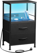 WLIVE LED Night Stand with Charging Station, Black Nightstand with 2 Fabric Drawers and Storage Shelf, Dorm Bedside Table End Table with 2 USB Ports and Outlets, Small Dresser for Bedroom, Living Room