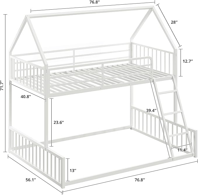 LIKIMIO Bunk Bed Twin Over Full Size, House Bunk Bed Frame with Ladder and Guardrail, House Shaped with Metal Slats Support No Box Spring Needed Space Saving for Bedroom and Dorm, White