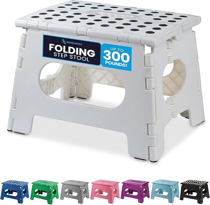 Handy Laundry Folding Lightweight Step Stool - Sturdy Enough to Support Adults and Safe Enough for Kids - Opens Easy with One Flip. Great for Kitchen, Bathroom or Bedroom (White)