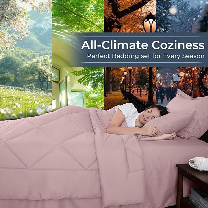 HEVUMYI Rose Gold Cali-King Comforter Set - 7-Piece All Season Bed in a Bag Cali-King, Ultra Soft Bedding Set with Comforter, Flat Sheet, Fitted Sheet, Pillowcases, Pillow Shams