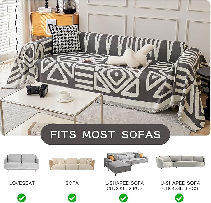 STACYPIK Boho Geometric Dark Grey Chenille Sofa Cover for Dogs - Washable Armchair Slipcover for Living Room, Sectional, 2 Cushion Couch - Jacquard Decor 71x102IN
