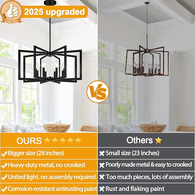 28" Modern Large Black Chandelier for Dining Room (8-Light, 28-Inch), Geometric Black Dining Room Light Fixture Over Table, Industrial Metal Hanging Pendant Lights for Kitchen Island, Entryway, Foyer