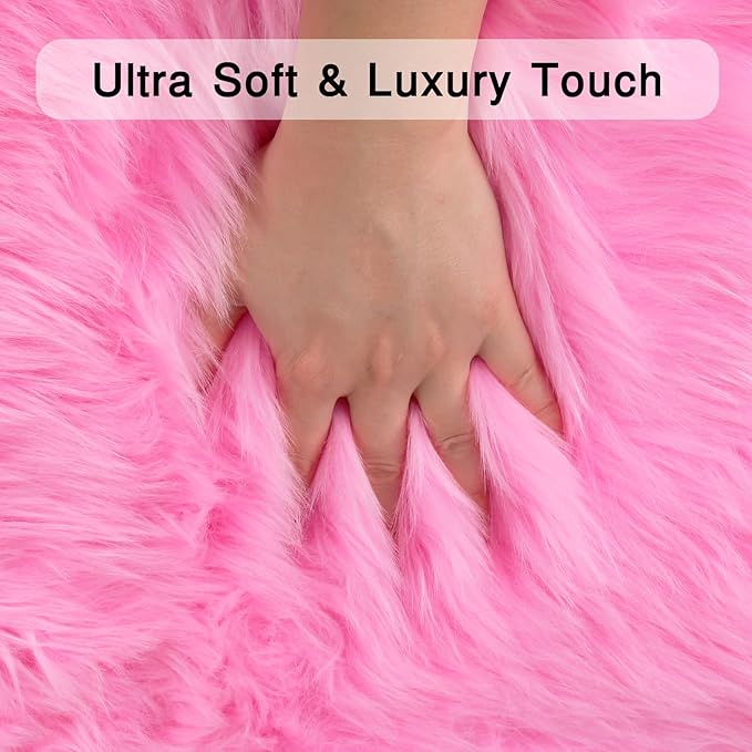 duduta Hot Pink Faux Fur Rug 3x5 ft, Fluffy Shag Rectangular Sheepskin Rug for Bedroom Nursery Living Room Dorm Washable