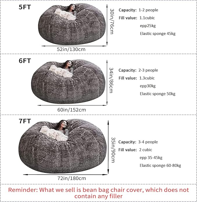 Giant Fur Bean Bag Chair Cover for Kids Adults, (No Filler) Living Room Furniture Big Round Soft Fluffy Faux Fur Beanbag Lazy Sofa Bed Cover (red, 6FT)