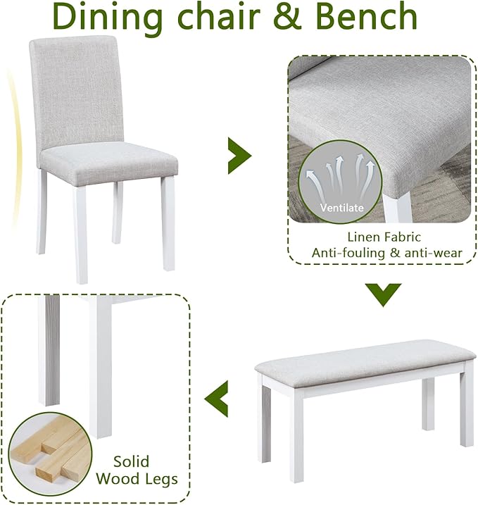 soges 6 Piece Wooden Dining Table Set, Dining Room Table with 4 Upholstered Chairs and Bench, Rectangular 6-Person Kitchen Dining Table Set with Crystal Decoration, White