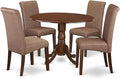 East West Furniture DLBA5-MAH-18 5 Piece Dining Room Table Set Includes a Round Kitchen Table with Dropleaf and 4 Brown Linen Linen Fabric Parson Dining Chairs, 42x42 Inch, Mahogany