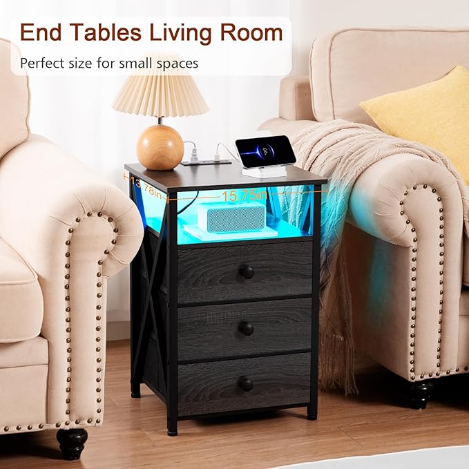 AMHANCIBLE Night Stand Set 2, LED Nightstand with Charging Station, End Side Tables with USB Port & Outlet, Bedside Table with Fabric Drawers for Bedroom Living Room, Dark Grey, HET053LDG