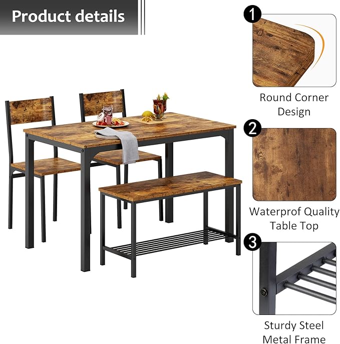 4-Piece Dining Table Set with Bench - 4 Person Kitchen Table and 2 Chairs for Small Spaces, Apartment - Metal Frame & Woodgrain Tabletop, Space-Saving Design, Durable & Easy to Clean, Rustic Brown