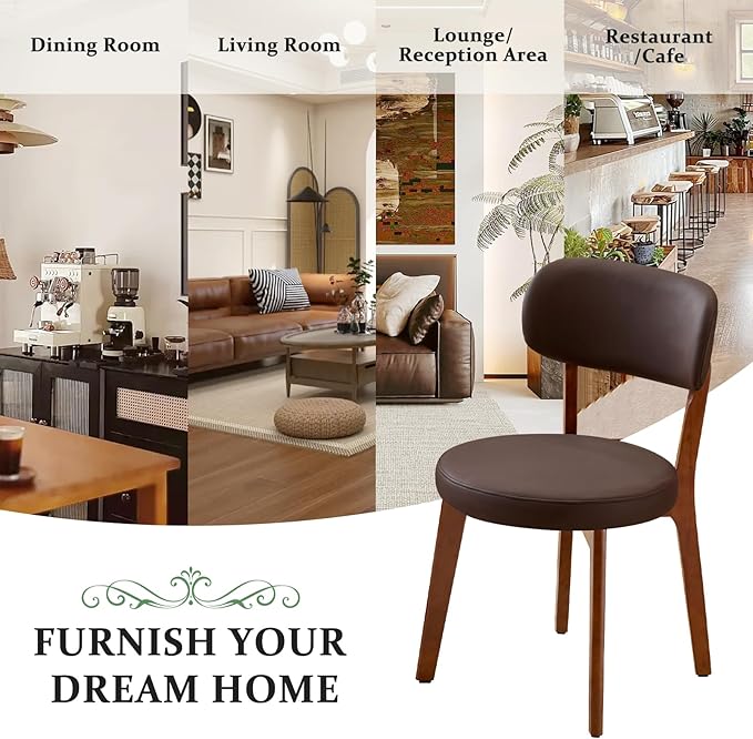 Furniliving Wooden Dining Chairs Set of 2, Mid-Century Modern Leather Upholstered Kitchen Chair with Solid Oak Wood, Farmhouse Dining Room Chairs, Brown