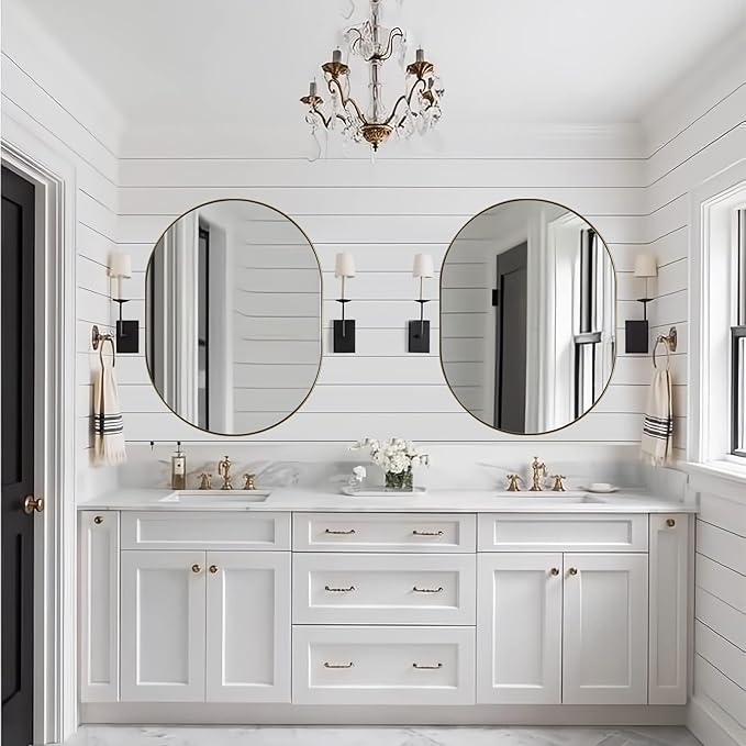 ANDY STAR Brass Bathroom Mirror for Wall, 30x40 Gold Oval Mirrors for Bathroom, Brass Oval Mirrors, Pill Shaped Mirror, Large Vantiy Mirror Stainless Steel 1’’ Deep Hang Vertically & Horizontally