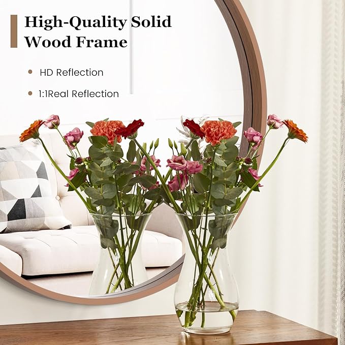 HOMECOOKIN Round Wood Mirror, 24" Round Bathroom Wall Mirror Circle Mirrors for Wall Decor, Vanity, Living Room, Bedroom, Entryway, Walnut