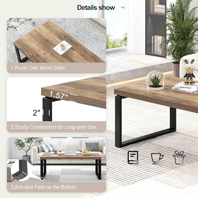 EXCEFUR Coffee Table, Modern Wood and Metal Living Room Table, Industrial Rectangle Center Table for Home Office, Rustic Oak, 47 Inch