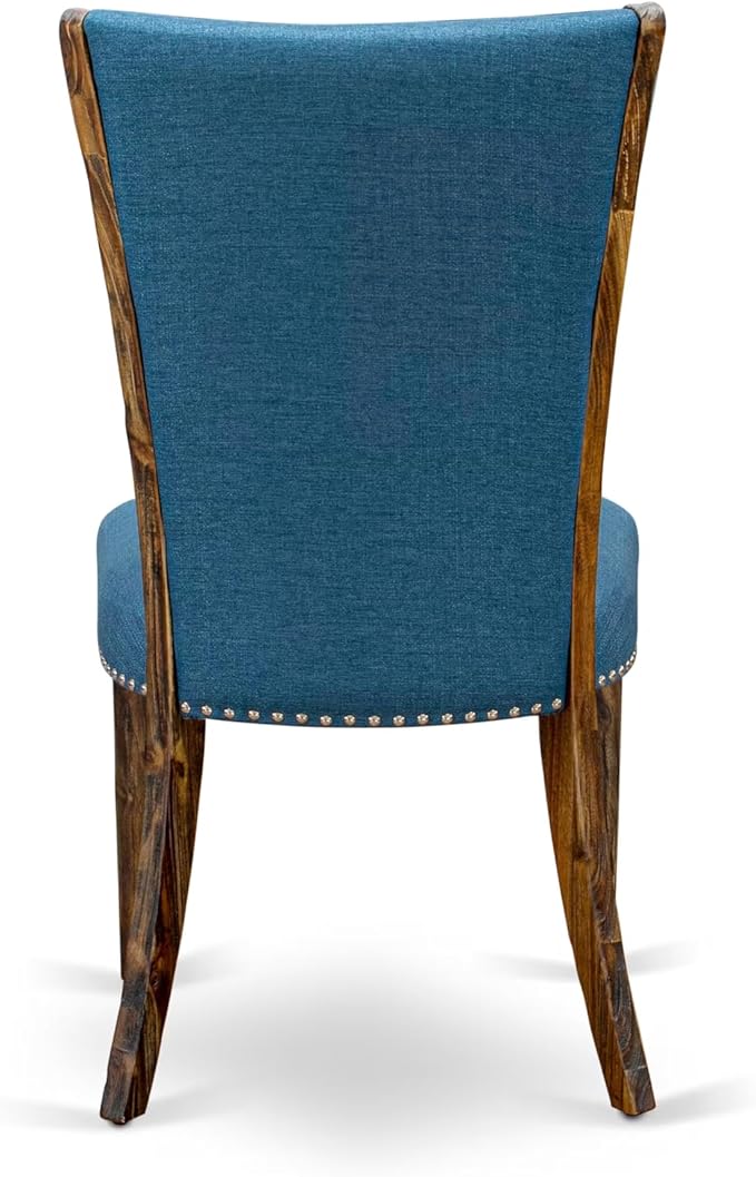 East West Furniture V727VE721-9 9 Piece Dining Set Includes a Rectangle Dining Room Table with V-Legs and 8 Blue Color Linen Fabric Upholstered Parson Chairs, 40x72 Inch, Multi-Color