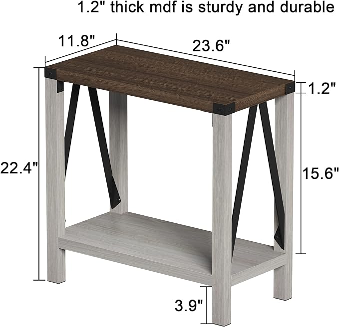 ChooChoo Farmhouse End Table Set of 2, Narrow Side End Table with Storage Shelf, Rustic A-Design Nightstand Sofa Table for Living Room, Bedroom(White&Brown)