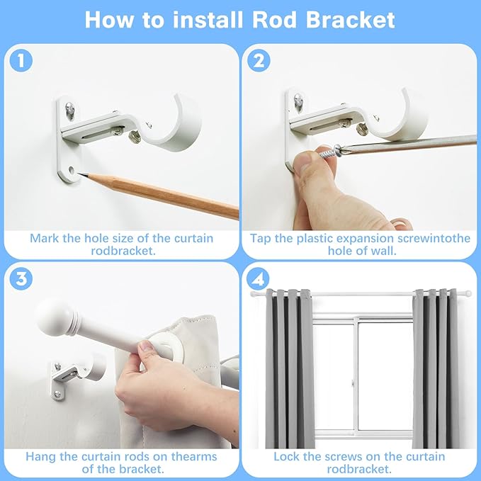 Curtain Rods for Windows 16 to 92 Inches, Curtain Rod Max Adjustable Length of 104 IN, 1" Diameter Drapery Rods Round Finials, White, Pack of 2