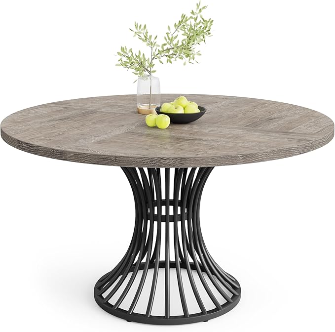 Tribesigns Round Dining Table, 47-Inch Farmhouse Dinning Room Table, Industrial Dinner Table with Metal Base, Grey