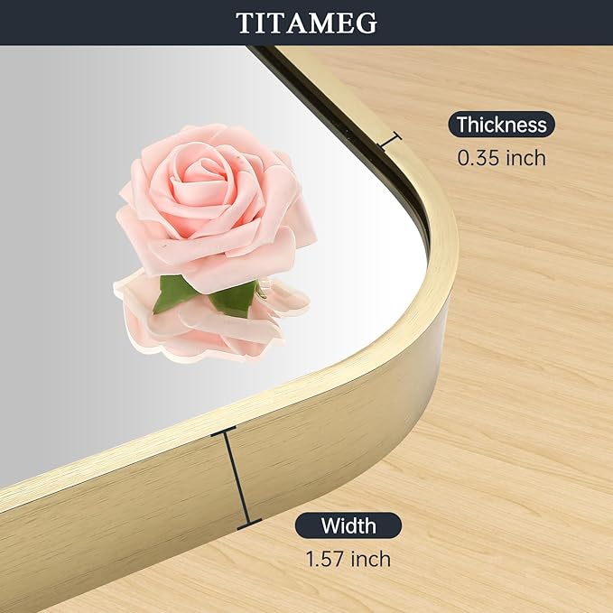 22x30 Inch Bathroom Mirror for Wall,Gold Framed Rectangle Mirror with Rounded Corner,Aluminum Alloy Framed Brushed Wall Mirror for Bedroom or Living Room,Vertical or Horizontal