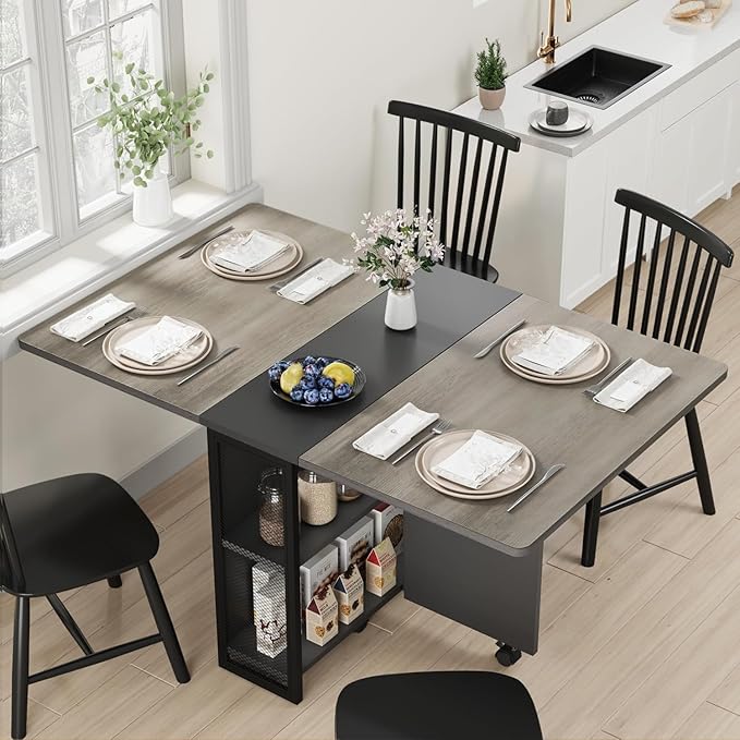 IDEALHOUSE Folding Dining Table, Drop Leaf Dining Table with 6 Wheels and 2-Layer Storage Shelf, Space Saving Dining Table for Small Spaces (Carlo Grey, 50.1" D x 31.4" W x 29.5" H)