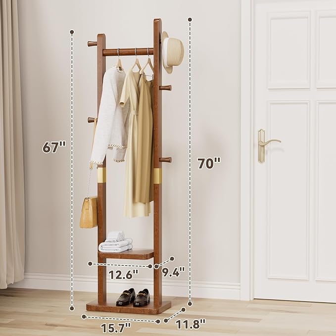 Solid Wood Coat Rack Clothes Rack, Coat Rack Freestanding with 2 Shelves and 5 Hooks, Heavy Duty Coat Tree for Entryway, Living room, Coat Hanger Stand for Hats, Bags Clothes(Walnut Brown)