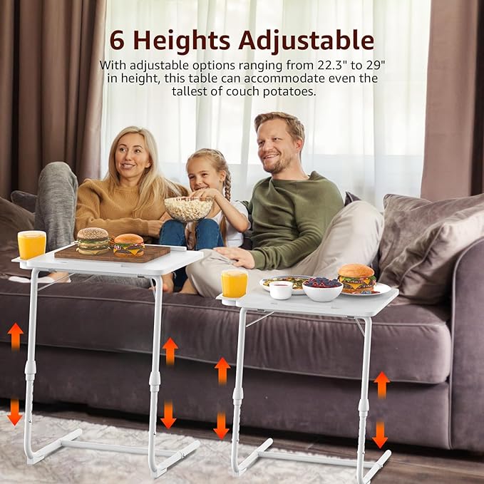 Adjustable TV Tray Folding Dinner - White Trays for Eating On Couch Wooden Tables Mate Stand Foldable Desk with Cup Holder Portable