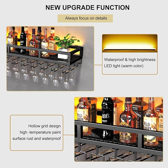 Pengfei LED Wine Rack Wall Mounted, Industrial Metal Wall Wine Shelf & Glass Holder, Large Floating Shelves Wine Bottle Storage Display Rack for Home Bar Dining Room Decor