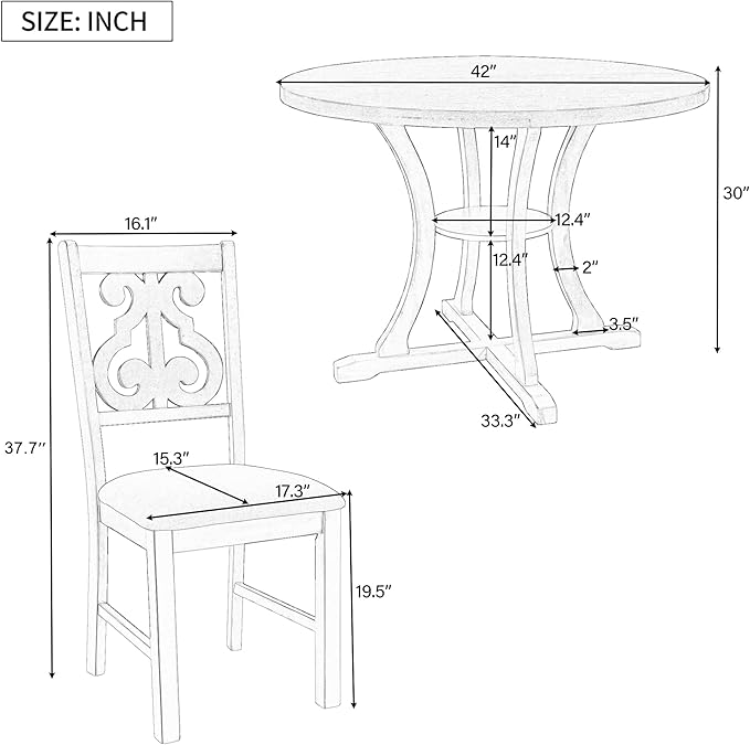 5-Piece Round Dining Table with Special-Shaped Table Legs and Storage Shelf,4 Fabric Chairs W/Cushioned Seat,for Dining Room Living Room,Antique Blue/Dark Brown