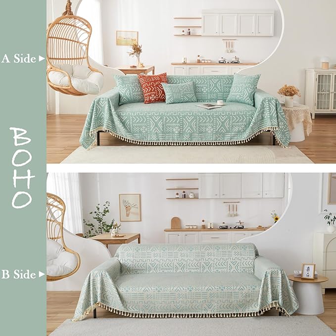 HANDONTIME Farmhouse Couch Cover Tassel Light Green Sofa Covers for Dogs Boho Décor Geometric Aztec Couch Cushion Cover Sofa Protector Cover Sectional Couch Covers for 3 Cushion Couch, 71" X134"