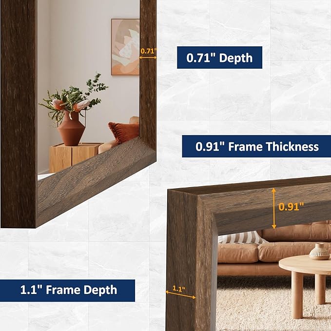 WEER Bathroom Mirror, 24x36 Inch Wall Mirror, Walnut Wood Grain Framed Mirror, Rectangle Vanity Mirror, Tempered Glass, Anti-Rust, Hangs Horizontally or Vertically