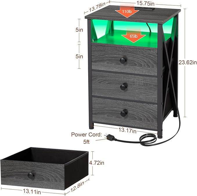 AMHANCIBLE LED Nightstand with Charging Station, Smart End Side Table with USB Port & Power Outlet, Bedside Table with Fabric Drawers for Bedroom, Living Room, Dark Grey, HET053LDG-1
