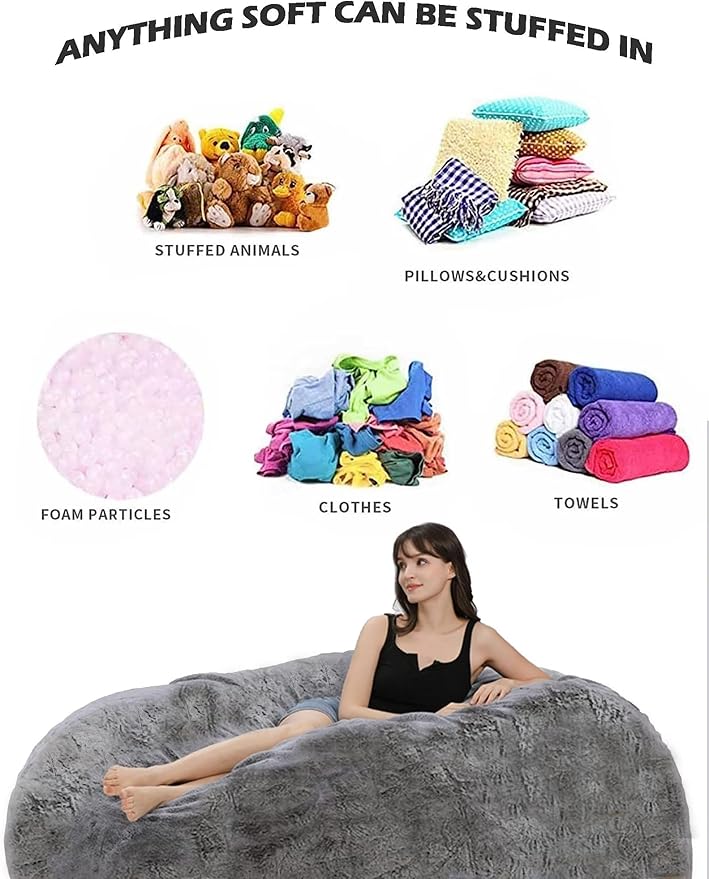 Bean Bag Chairs for Kids Comfy Fluffy Big Joe Bean Bag Chair Cover Without Filler Round Sofa Chairs for Bedroom Living Room Decor, 5FT, Rose Red