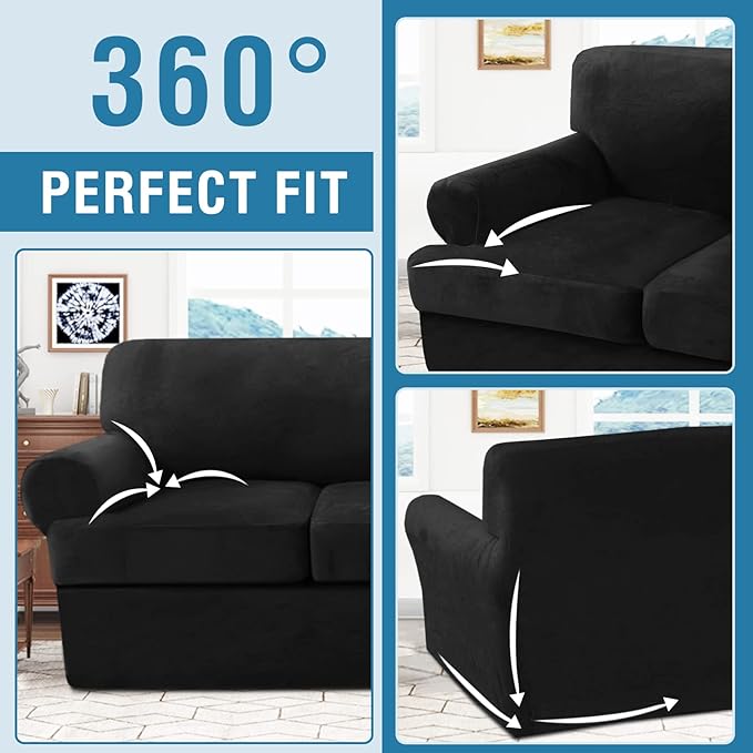 H.VERSAILTEX Sofa Cover 4 Piece T Cushion Sofa Slipcovers Velvet Couch Cover Furniture Protector Stretch T Cushion Sofa Covers for 3 Cushion Couch with 3 Individual T Cushion Covers Washable, Black