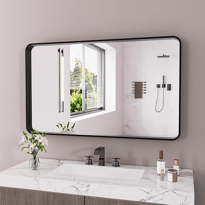Black Bathroom Mirror 55X36 Inch, Black Metal Framed Mirror for Wall, Rounded Rectangle Matte Bathroom Vanity Mirror with Tempered Glass, Anti-Rust, Horizontal/Vertical