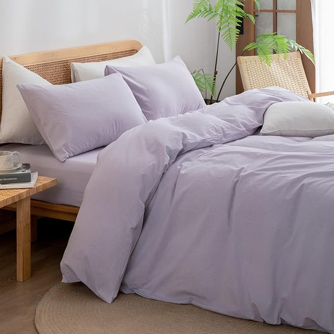 BESTOUCH Duvet Cover Set 100% Washed Cotton Linen Feel Super Soft Comfortable Chic Lightweight 3 PCs Home Bedding Set Solid Taro Purple Queen