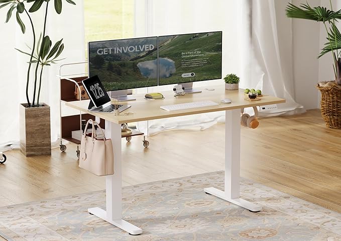 Seang Electric Standing Desk Adjustable Height, 48 x 24 Inch Sit Stand Desk with T-Shaped Frame, 3 Memory Presets & Cable Management for Home Office Computer Workstation, White Frame/Nature Top