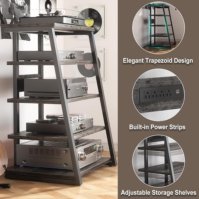 Armocity 5-Tier AV Media Stand with Power Strips, Media Console with LED Lights, Audio Tower Rack with Adjustable Shelves, Stereo Stands and Racks, 40.8'', Grey Oak