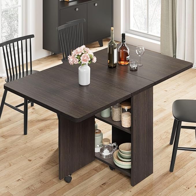 IDEALHOUSE Folding Dining Table, Drop Leaf Dining Table with 6 Wheels and 2-Layer Storage Shelf, Space Saving Dining Table for Small Spaces (Dark Walnut, 50.1" D x 31.4" W x 29.5" H)
