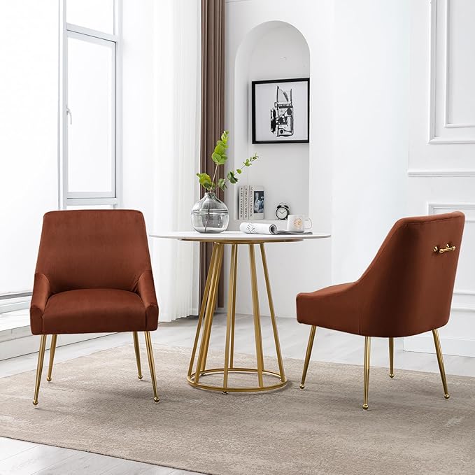 Modern Velvet Dining Chairs Set of 6, Contemporary Upholstered Furniture Collection with Polished Gold Metal Legs, Elegant Accent Chairs for Kitchen Living Room(Brown)