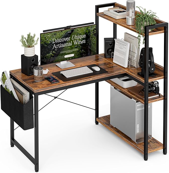 47 Inch L Shaped Computer Desk with Reversible Storage Shelves, Home Office Corner Desk Study Writing Table with Hutch, Study, Rustic Brown