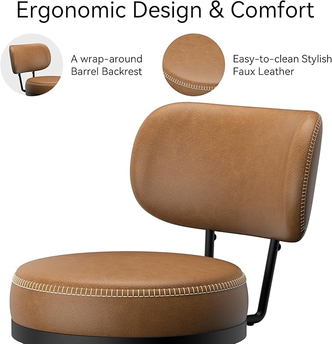 Counter Height Bar Stools, 26" H Swivel Barstools Set of 4, Faux Leather Kitchen Counter Stools with Back and Stylish Stitching, Metal Frame, Pub, Home Bar, Whisky Brown