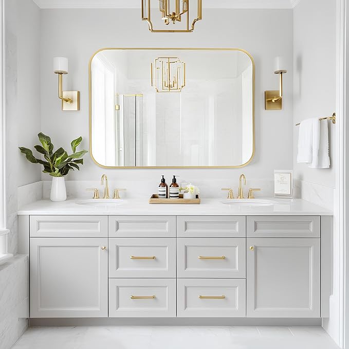 MZON 24x32 Inch Gold Bathroom Mirror – Brushed Gold Rectangular Vanity Mirror, Wall-Mounted, Anti-Rust Metal Frame, Tempered Glass, Vertical & Horizontal Hanging