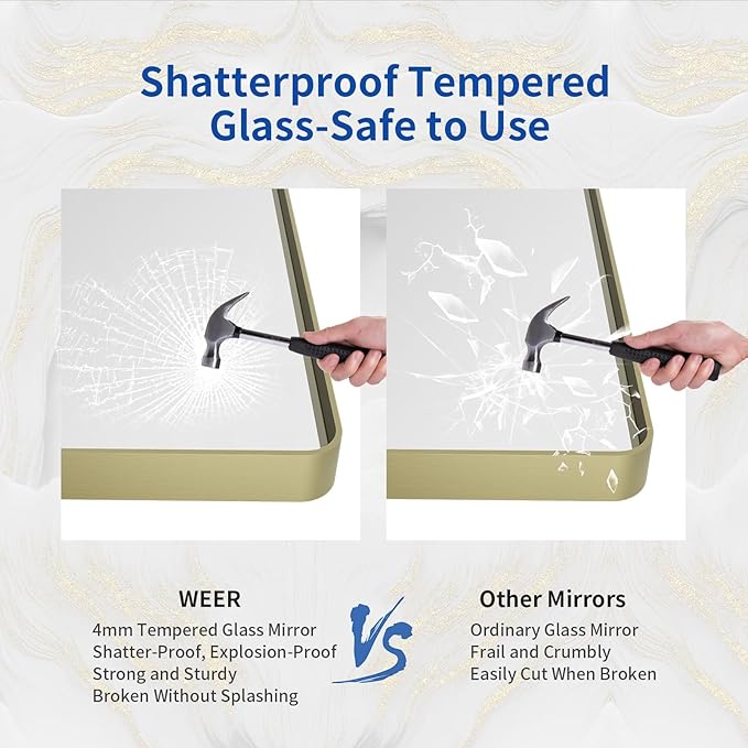 WEER Gold Bathroom Mirror, 48X36 Inch Brushed Gold Metal Frame Mirror, Rounded Rectangle Gold Bathroom Vanity Mirror for Wall, Tempered Glass, Anti-Rust, Hangs Horizontally or Vertically